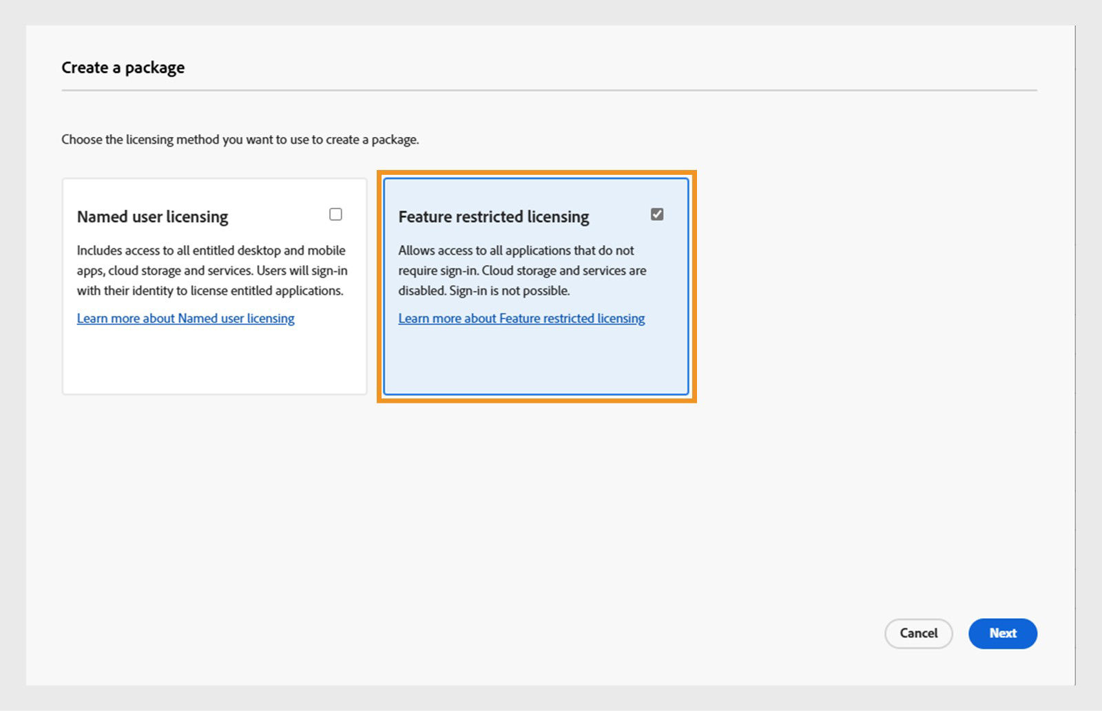 This image describes the 2 types of licenses for Captivate. Choose feature restricted license