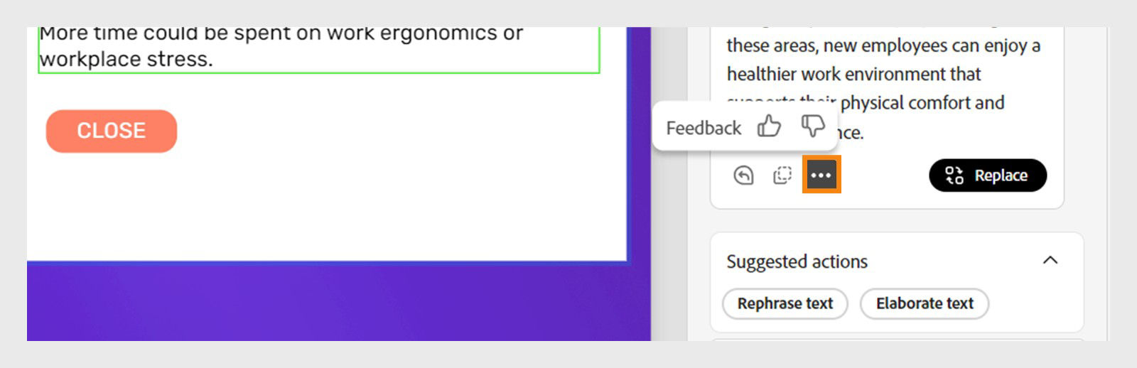 Ellipsis menu button near the generated text output, where users can provide feedback on AI-generated content.