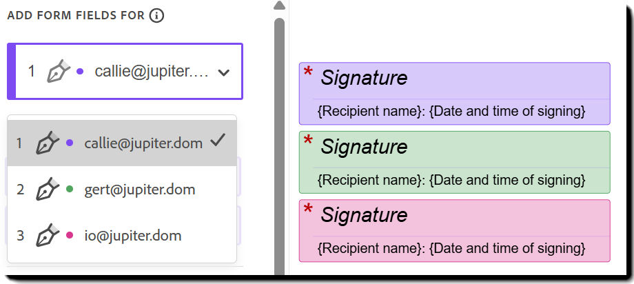 The Field Assigned To section of the field properties with three recipients and three signature fields 