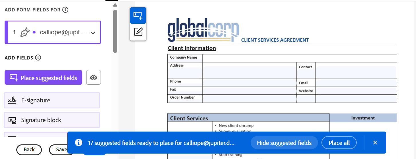 Modern Acrobat Sign authoring showing suggested field placeholders and options to hide or place the suggested fields.