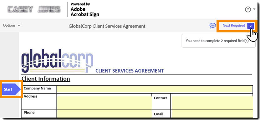 The e-sign page with the "Next" field arrow and "Required Fields" link highlighted