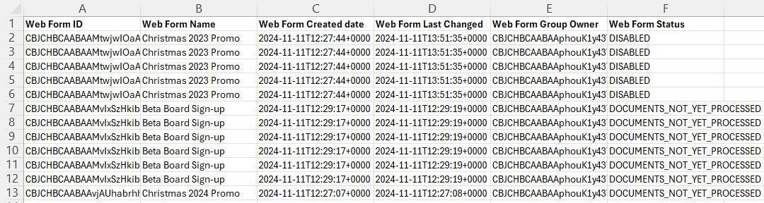 Example spreadsheet showing all six Web Form columns with example data.