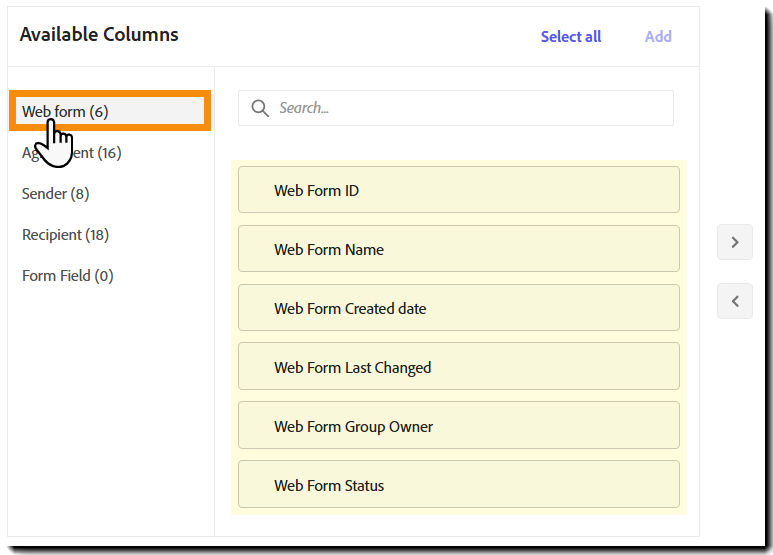 The "Available Columns" added through the Web Forms Data Export