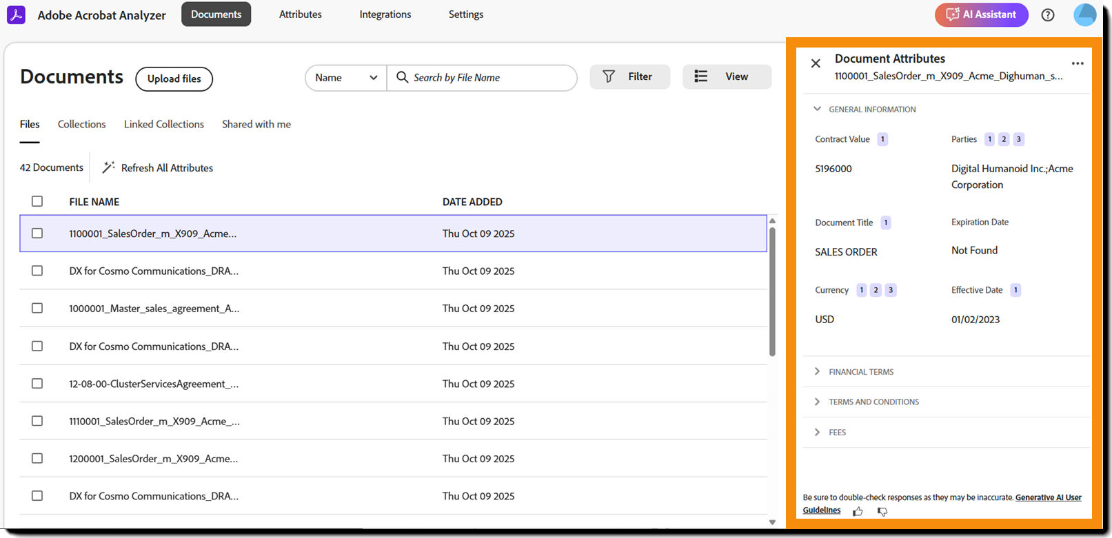 The Document page with one file selected, and the the document attributes exposed.