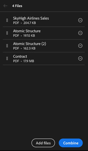 File list with multiple PDFs showing drag handles for reordering and delete (remove) icons next to each file.