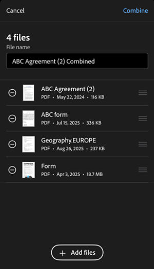 File list with multiple PDFs showing drag handles for reordering and delete (remove) icons next to each file.
