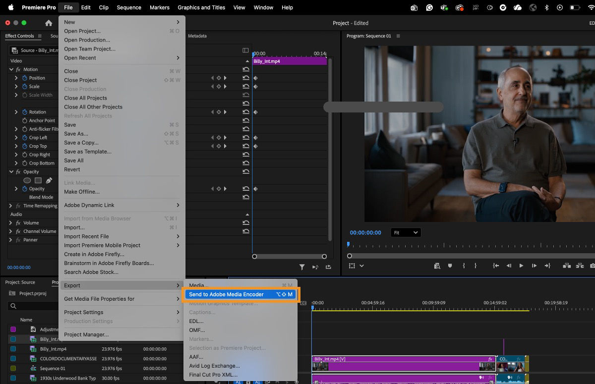 File menu open with the Send to Adobe Media Encoder export option highlighted above the timeline.