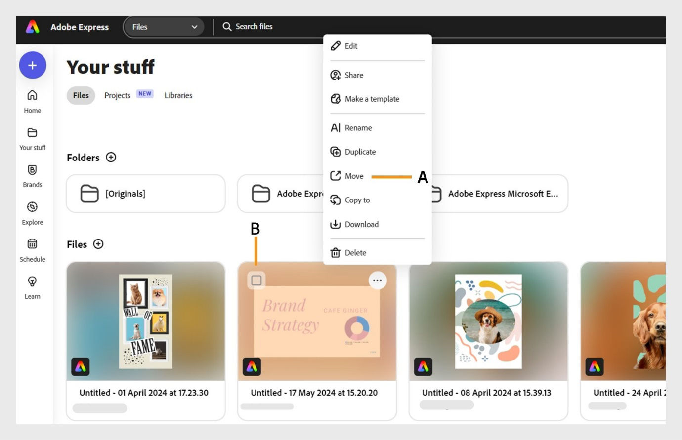 Files panel open in Adobe Express. Option A and B, to move a single file, or B to move multiple files into a project.