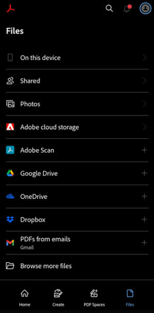 Files screen in Acrobat on Android showing file sources including On this device, Photos, Adobe cloud storage, Adobe Scan, Google Drive, OneDrive, and Dropbox.