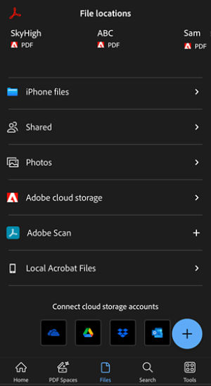 Files screen in Acrobat on iOS showing file sources including On this device, Photos, Adobe cloud storage, Adobe Scan, Google Drive, OneDrive, and Dropbox.