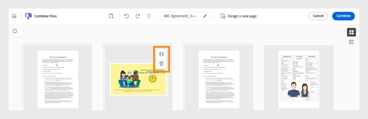 Zusammenzufügende Dateien werden als Miniaturansichten angezeigt. Bei einer der Dateien werden hervorgehobene Tools zum Erweitern und Löschen angezeigt.