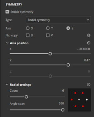 A screenshot of the Symmetry section of the properties panel