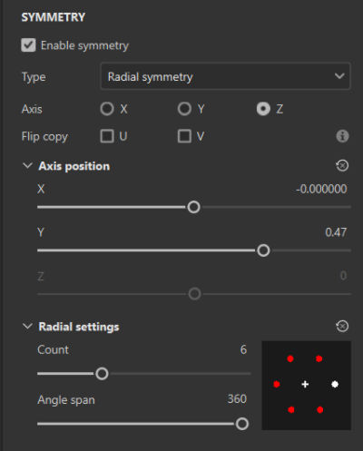 A screenshot of the Symmetry section of the properties panel
