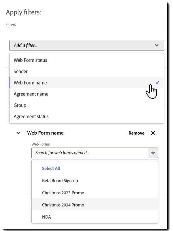 The Web Form name filter showing a list of the available web forms