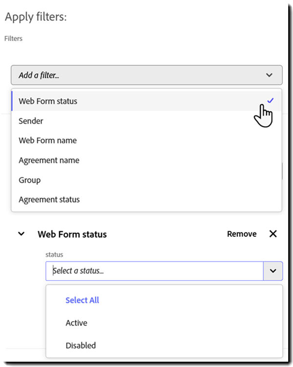 The Web Form Status filter showin a list of the possible statuses.