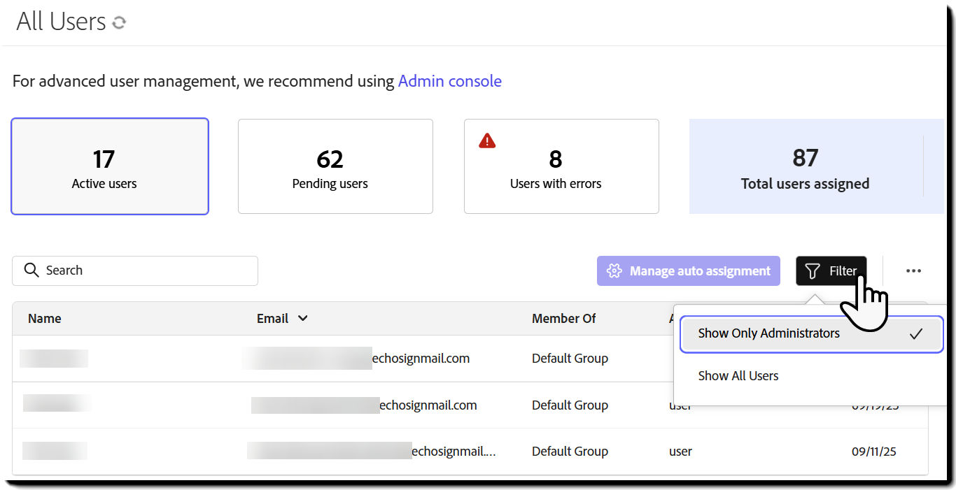 The Users page with the Search field highlighted