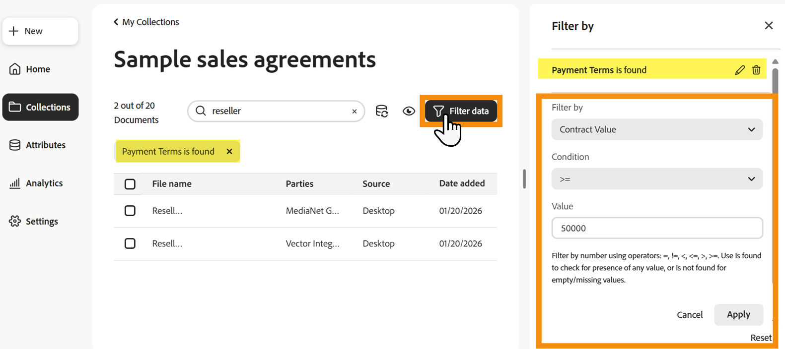 The Documents page with the Filter panel exposed