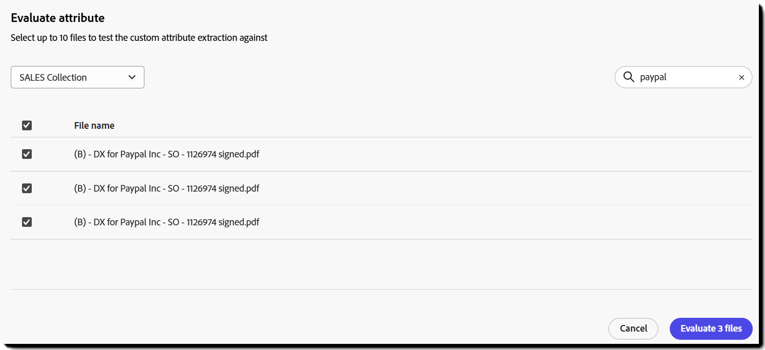 The "Evaluate attribute" list with filters applied.