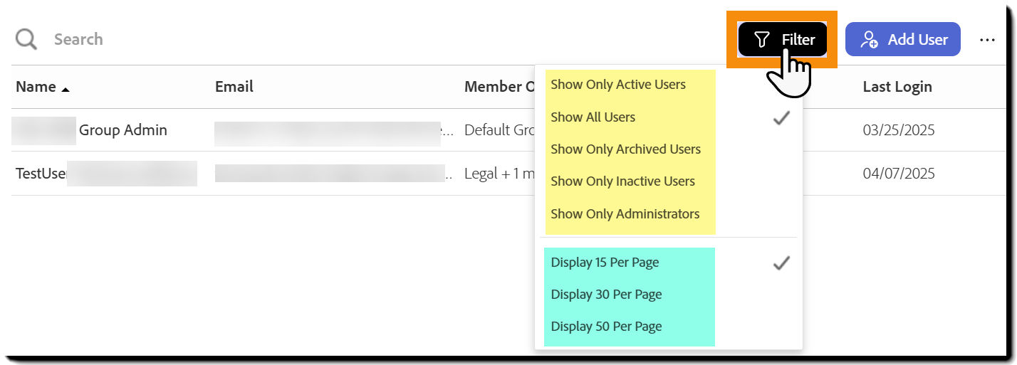 The Users page with the Search field highlighted