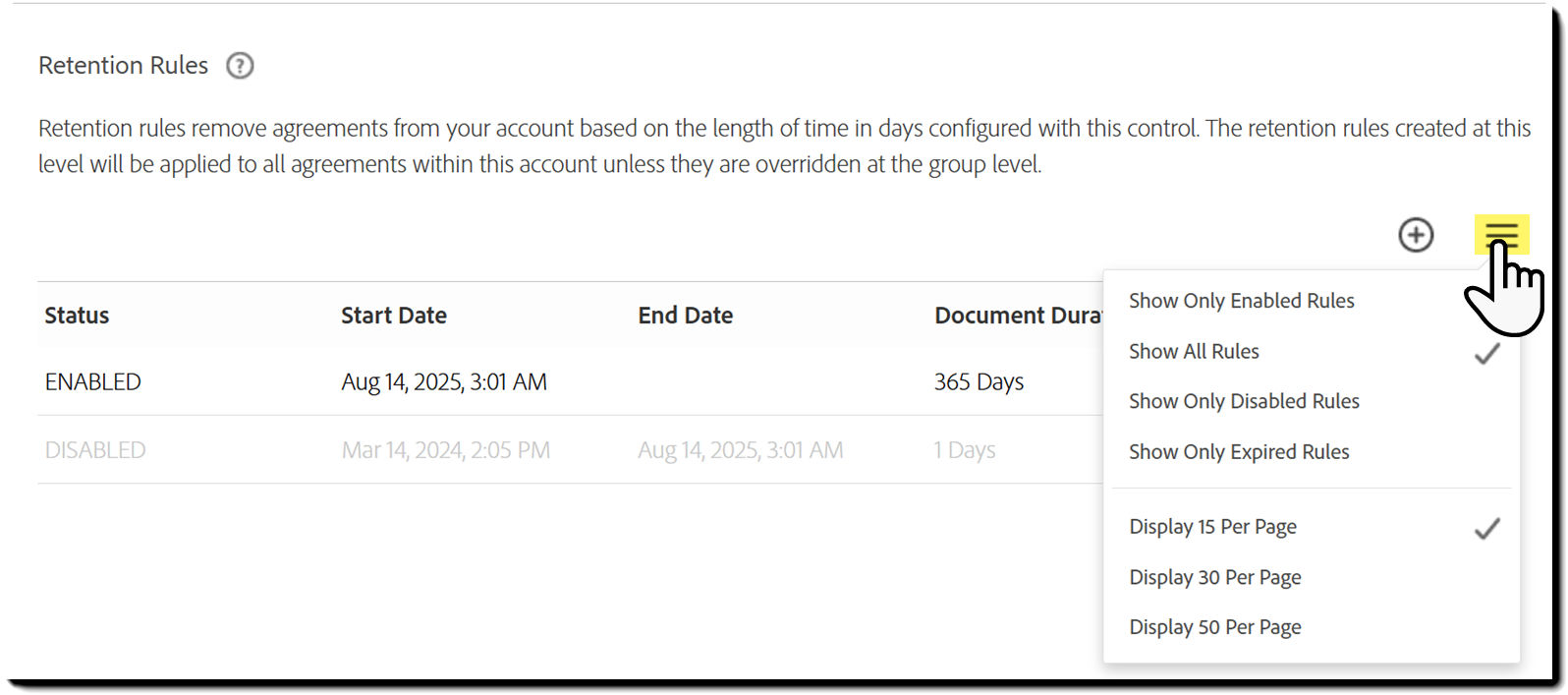 The Data Governance tab with the Filters exposed