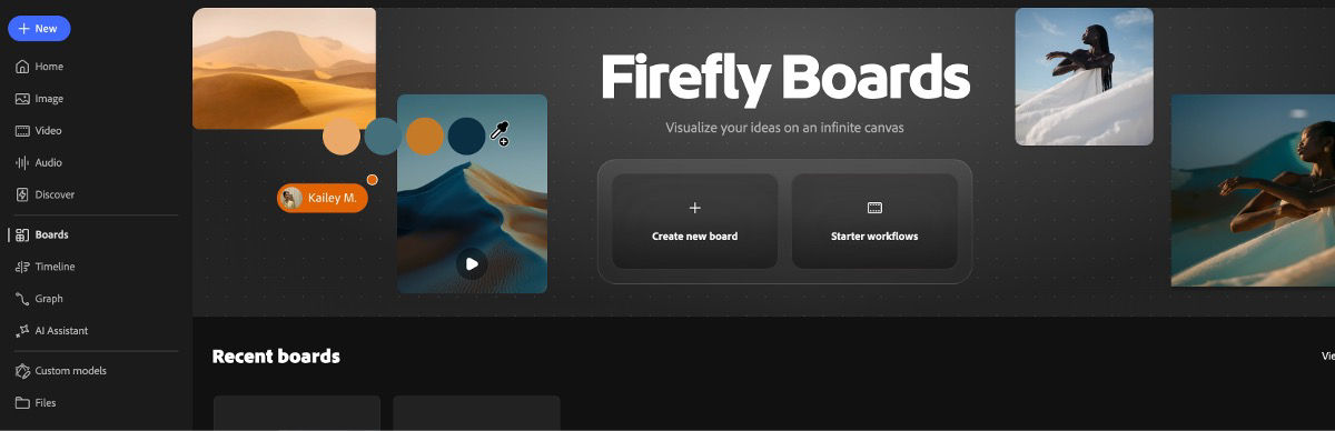 Firefly Boards workspace showing options to create a new board or open starter workflows.
