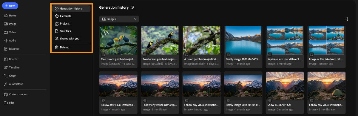 Firefly File menu opened to the Generation history page showing saved images and file management options.