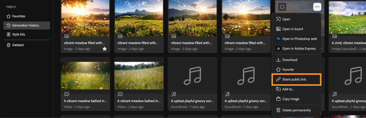Firefly Generation history tab displays an asset’s context menu with a highlight over the Share public link option.