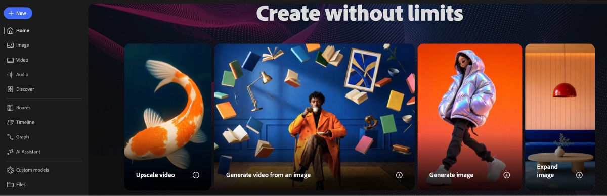 Firefly Home displays featured cards for upscaling video, generating videos, generating images, and expanding images.