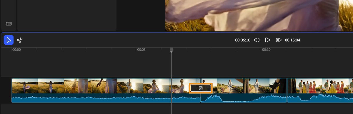 Firefly Video editor screen displays the timeline where an applied Transition is highlighted.