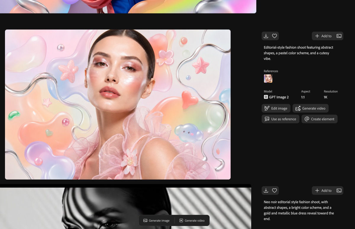 Firefly generation workspace shows an image with options to edit it, generate a video, use it as a reference, or create an element.