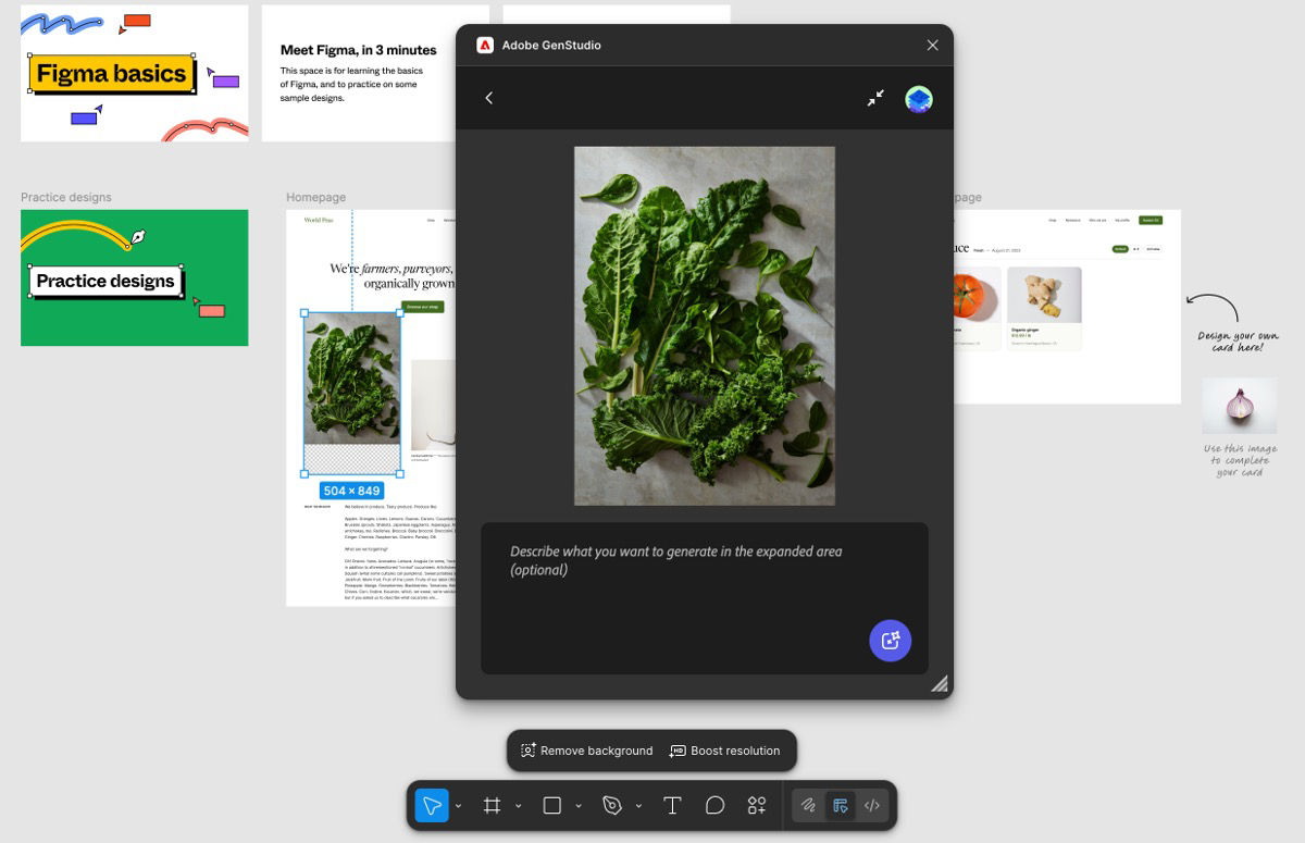 Firefly panel in Figma displays a temporary frame over a selected image and the Generative Expand window.