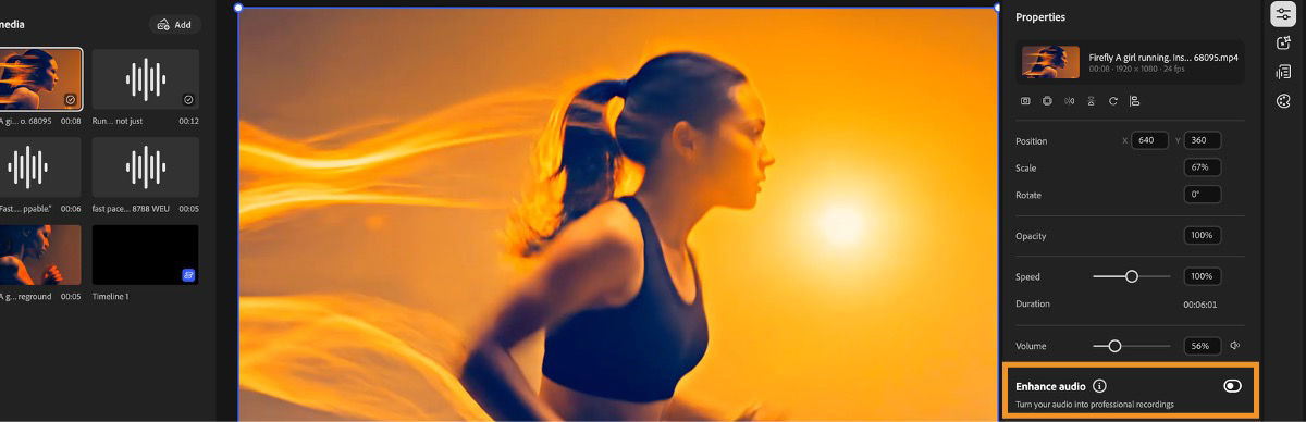 Firefly video editor (beta) shows a preview clip, the Properties panel on the right, and an Enhance audio toggle.