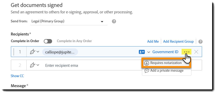 Send page highlighting the Notarize signer configuration