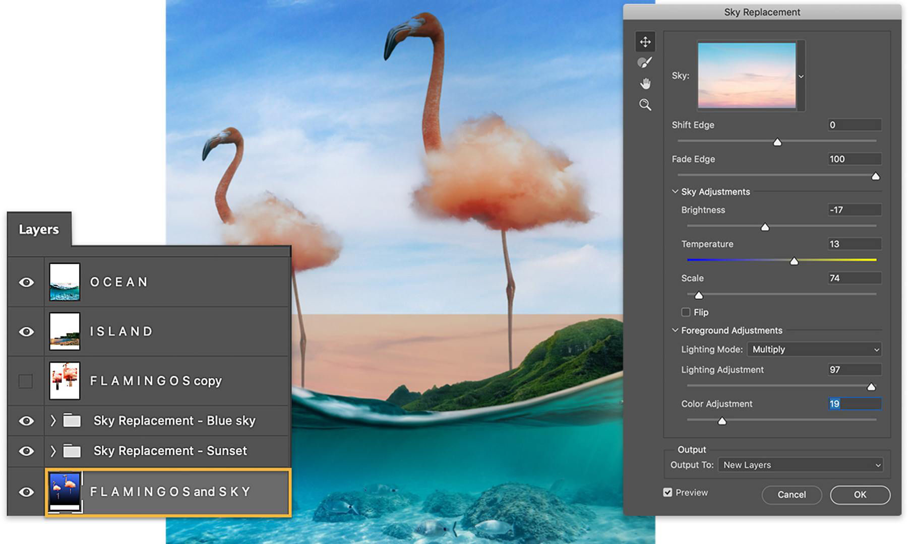 Flamingos and Sky layer selected, Flamingos image has a sunset sky added to it, and Sky Replacement panel shows adjustments