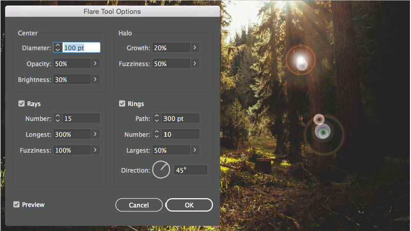 Flare Tool Options dialog with options to specify settings for Center, Halo, Rays and Rings of flare.