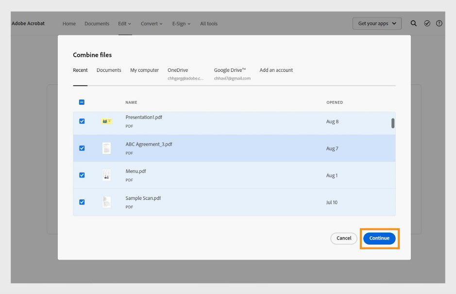 Im Dialogfeld „Dateien zusammenfügen“ sind auf der Registerkarte „Zuletzt verwendet“ vier Dateien ausgewählt. Die Schaltfläche „Weiter“ ist hervorgehoben.