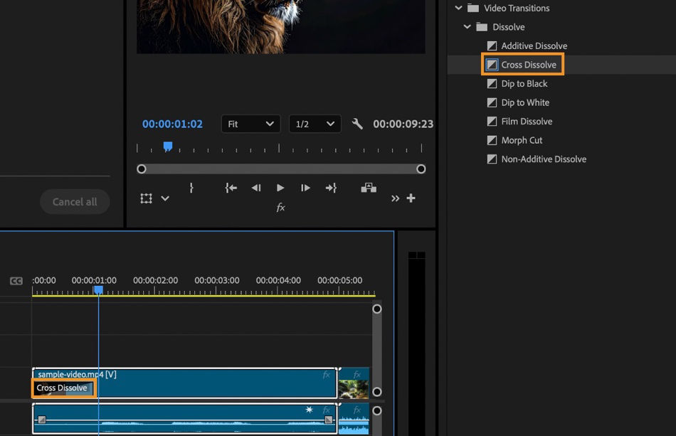 From the Effects panel, the Cross Dissolve transition is selected under the Video Transitions section, with timeline displaying the transition applied to a video clip.