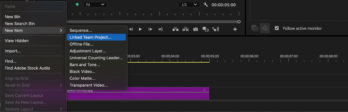 From the Project Settings menu, the New Item option is selected and the Linked Team Project is highlighted to create a new Team Project linked to another one.