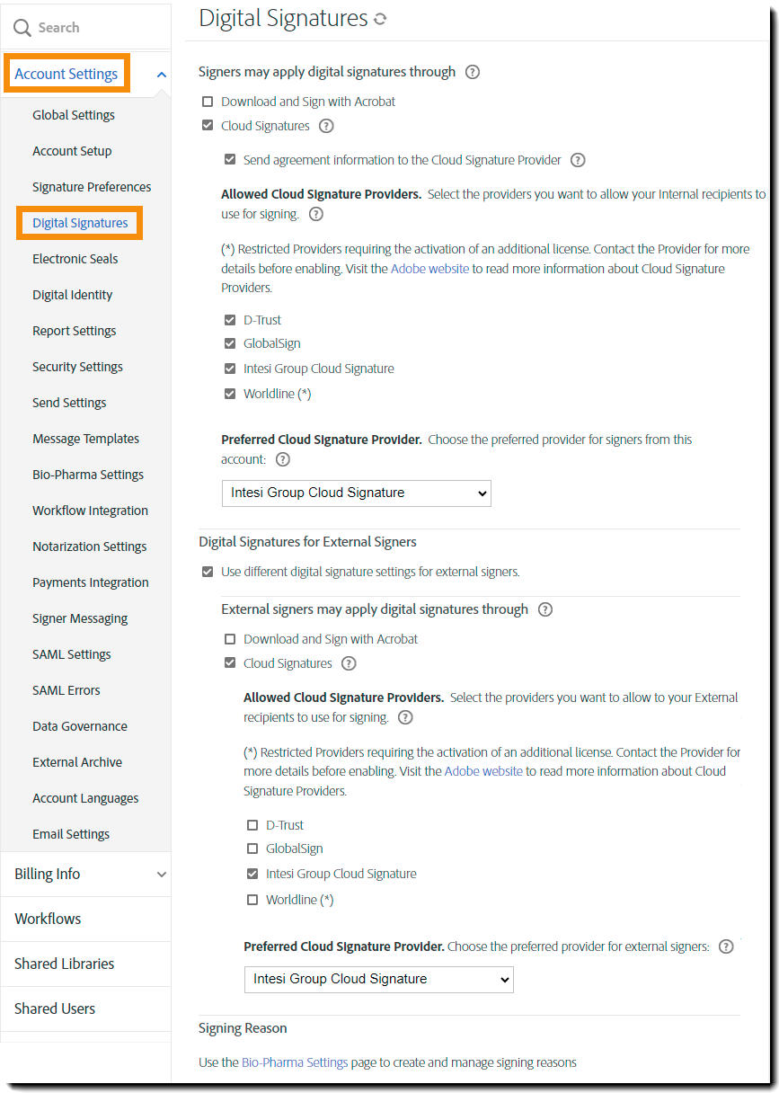 The full Digital Signature page in the Admin configuration menu