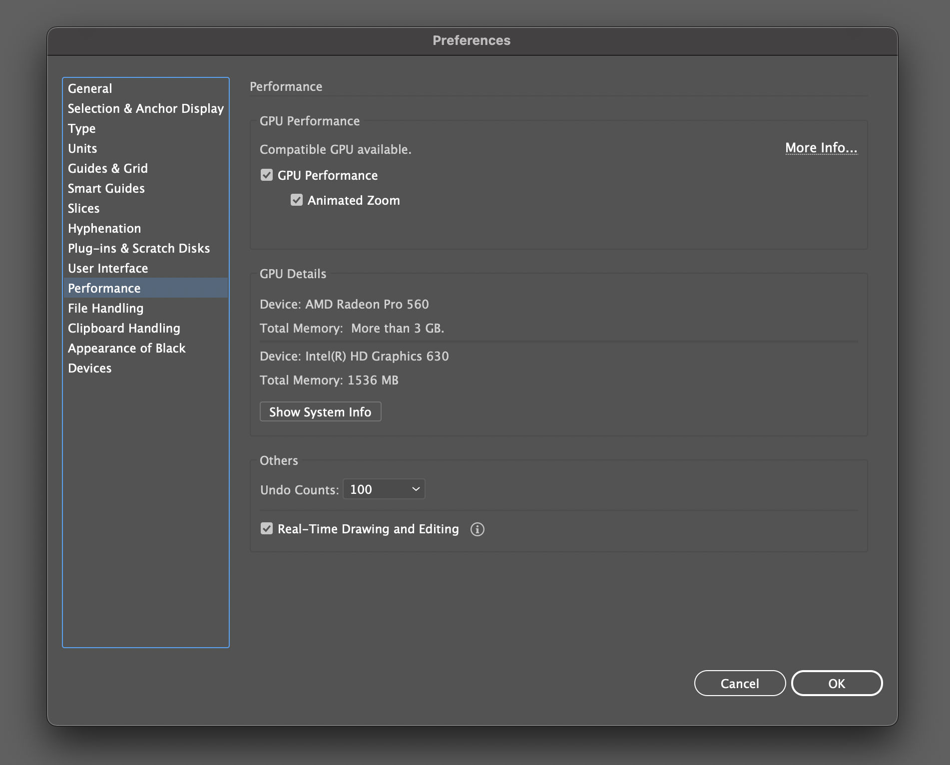 Illustrator Preferences panel with Performance options
