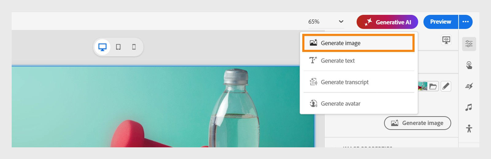 Adobe Captivate interface showing the Generative AI dropdown menu with Generate image option highlighted
