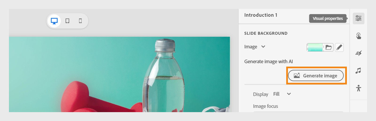 Visual Properties panel in Captivate with Generate image option highlighted in the contextual menu