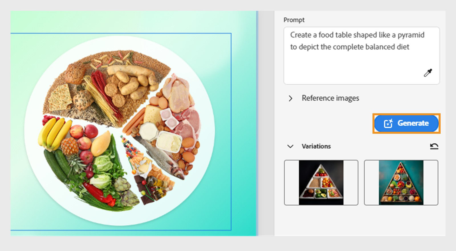 Generate image interface showing prompt input field and two generated image variations for selection