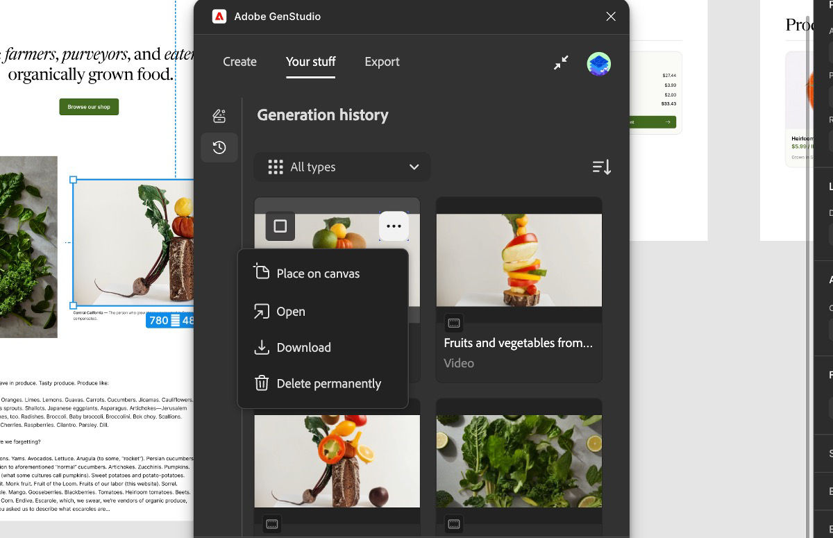 GenStudio plugin displays the Generation history panel with asset actions like open, download, and delete.