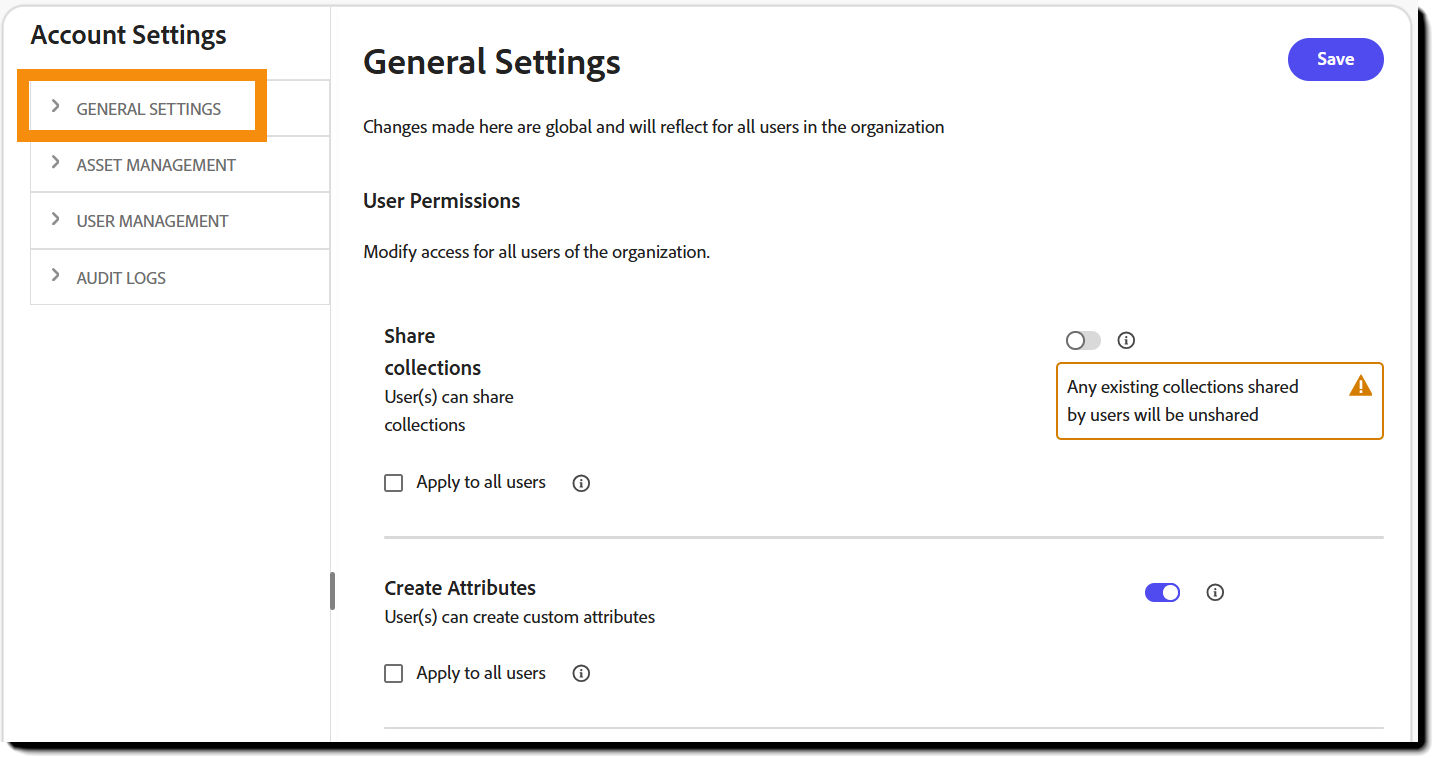 The General Settings page