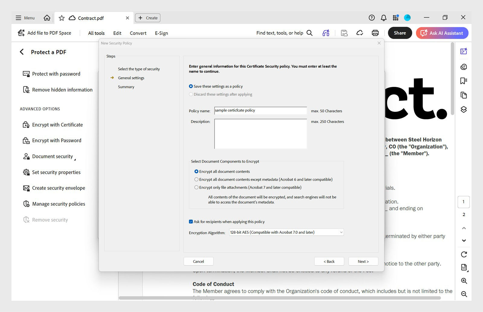 General settings page for creating a certificate security policy, showing policy details and encryption options.