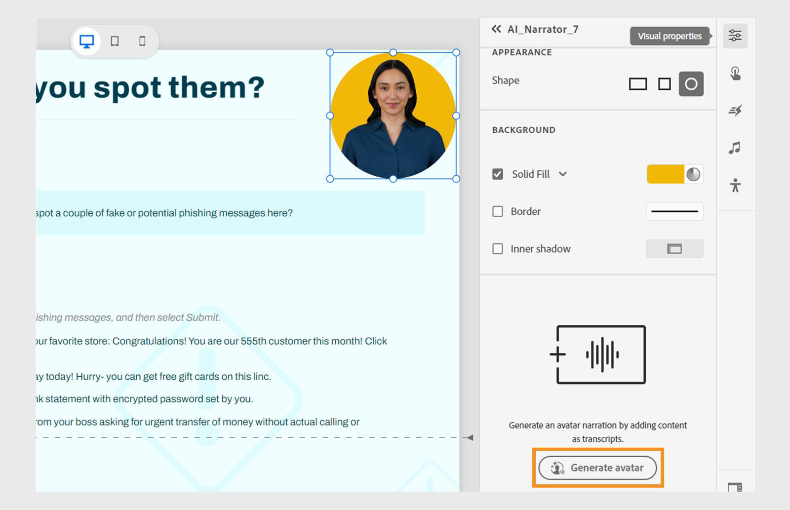 Select Generate avatar from Visual properties to add transcripts