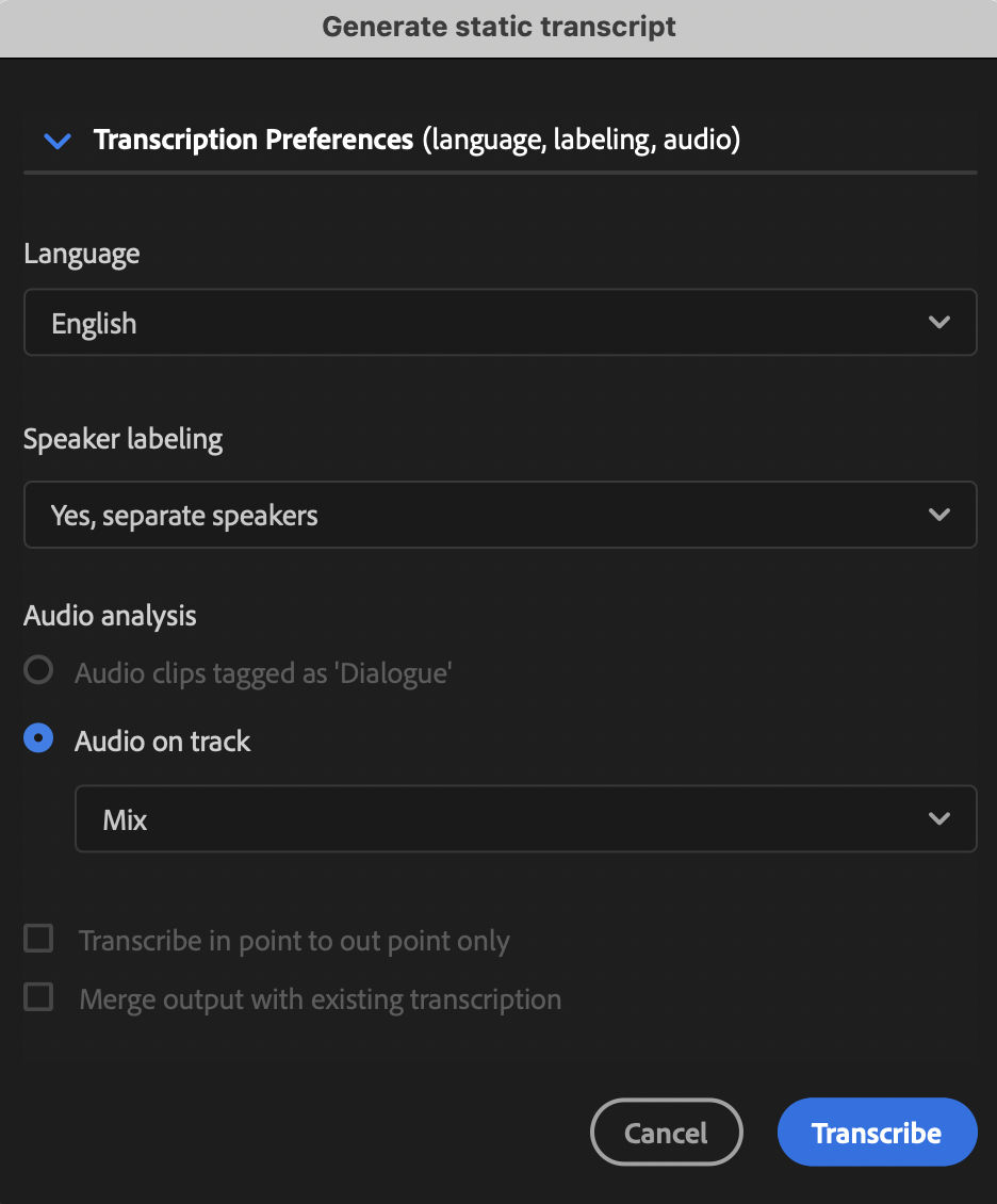 UI of Generate static transcript where Language, Speaker labeling options, and Audio analysis can be set.
