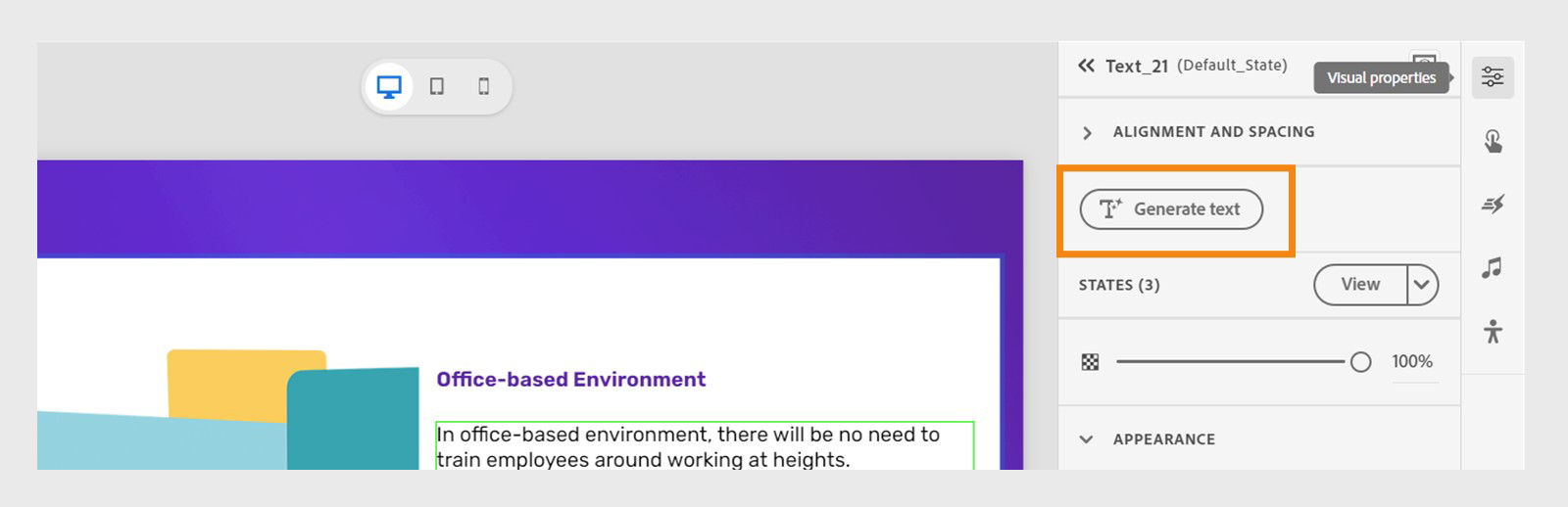 Visual Properties panel with Generate text option highlighted