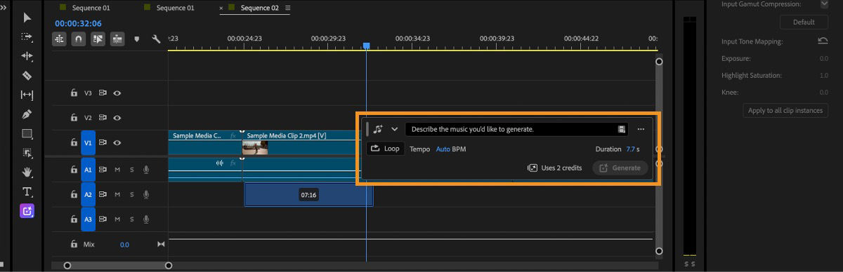 Premiere timeline with the Generate Media toolbar highlighted, showing options to describe the music to generate, enable Loop, set the tempo, view the selected duration and credit cost, and generate the music.